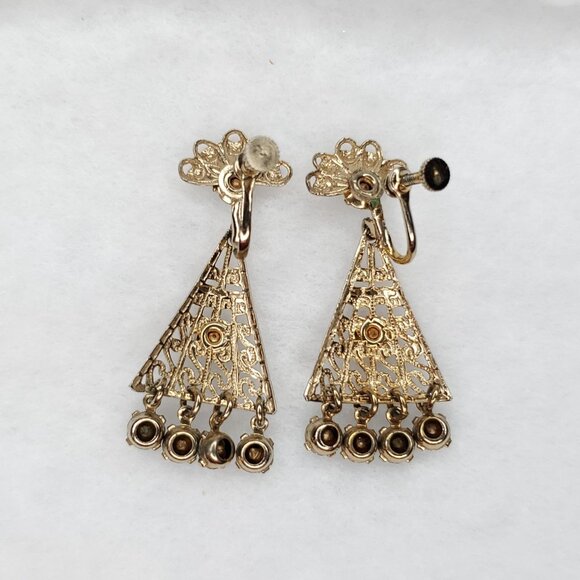 Vintage Chandelier Earrings Gold Tone Filigree Blue Rhinestone Dangle Screw Back - Picture 2 of 3